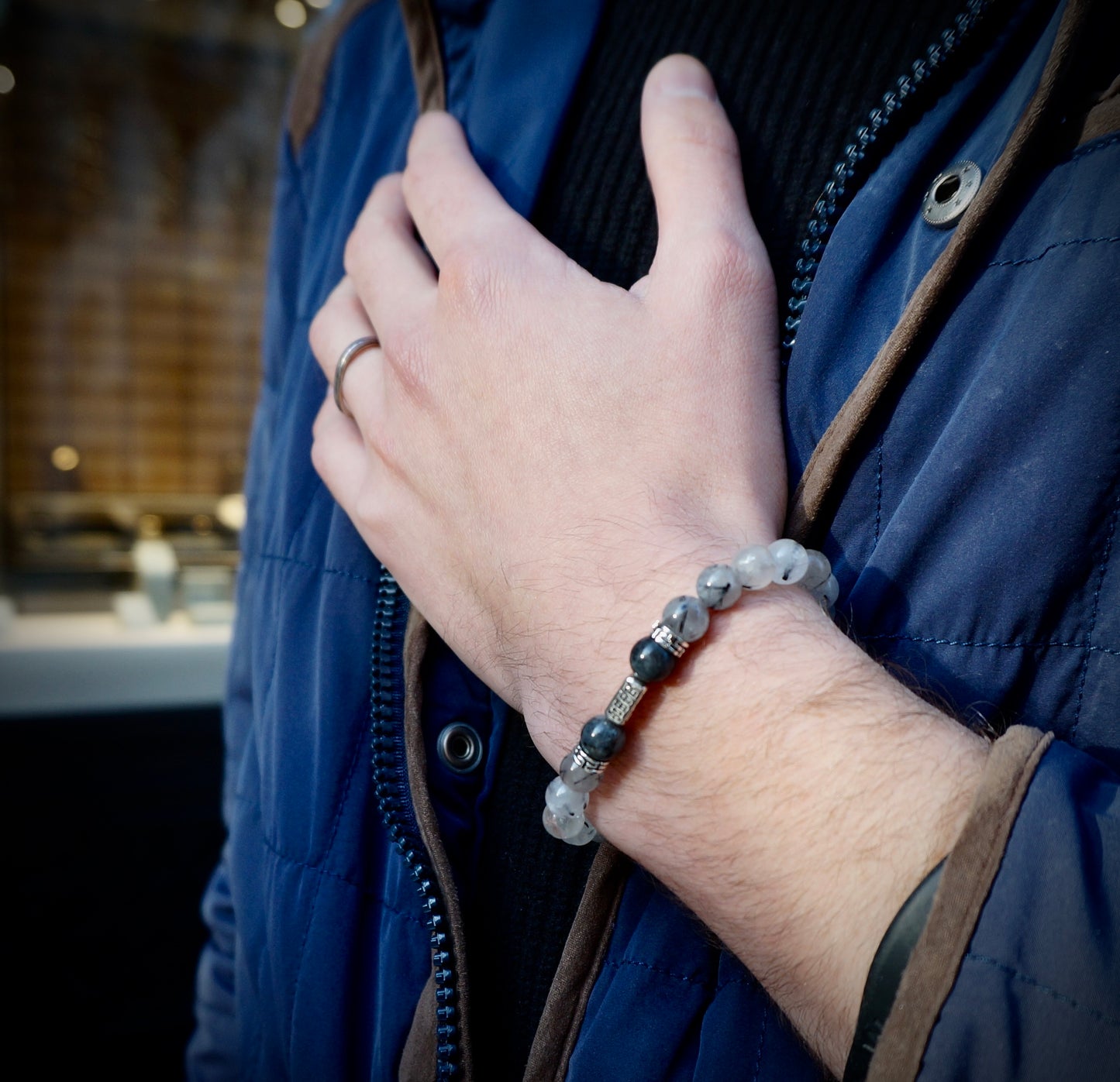 Fortune Vanguard - Natural Black Crystal with Silver Chinese Character Charm (Unisex)