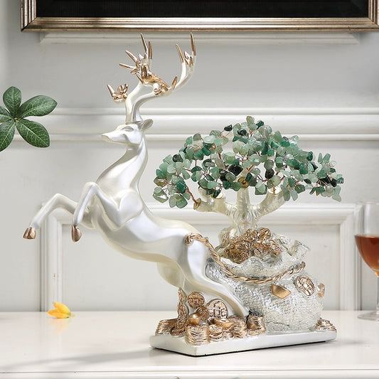 Rejuvenation- Fengshui tree with Natural Green Crystal and Leaping Deer
