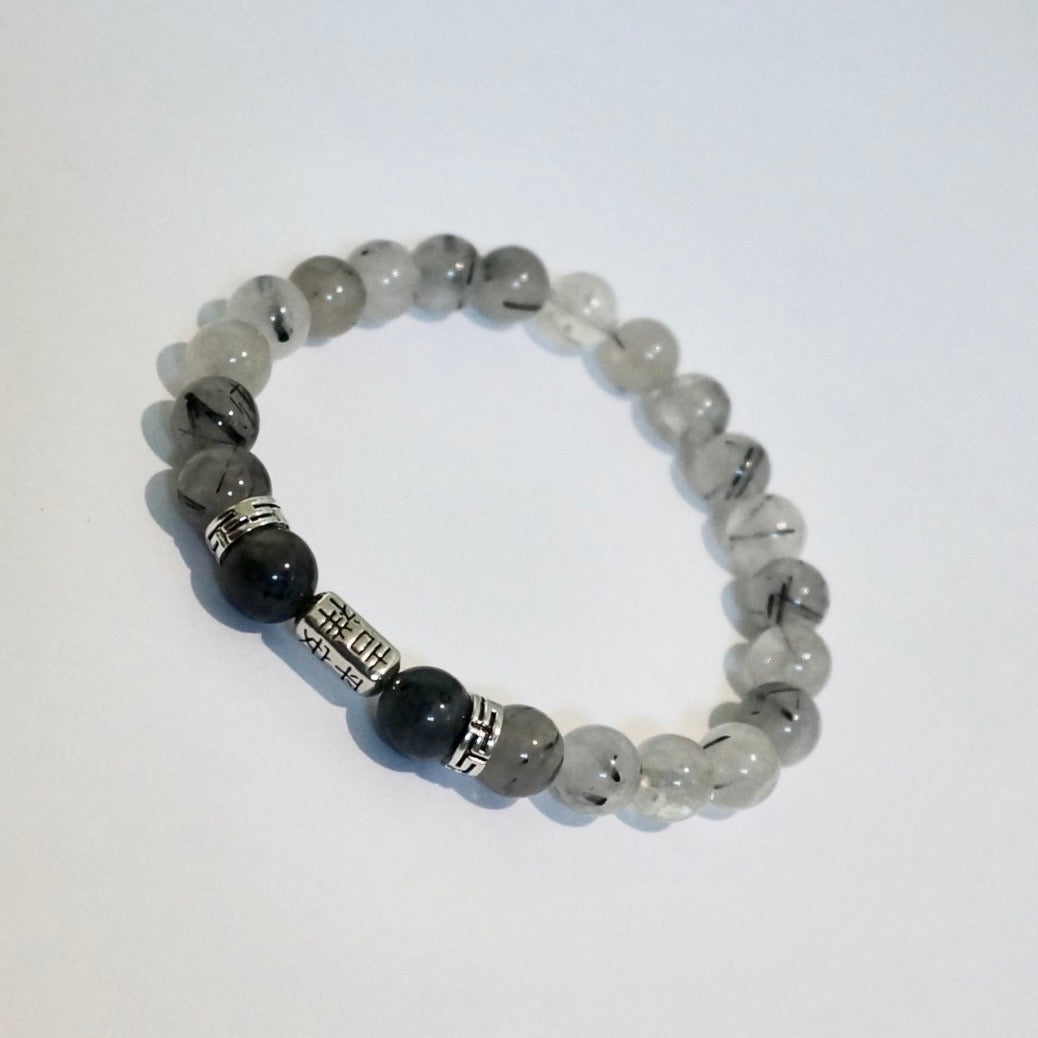 Fortune Vanguard - Natural Black Crystal with Silver Chinese Character Charm (Unisex)