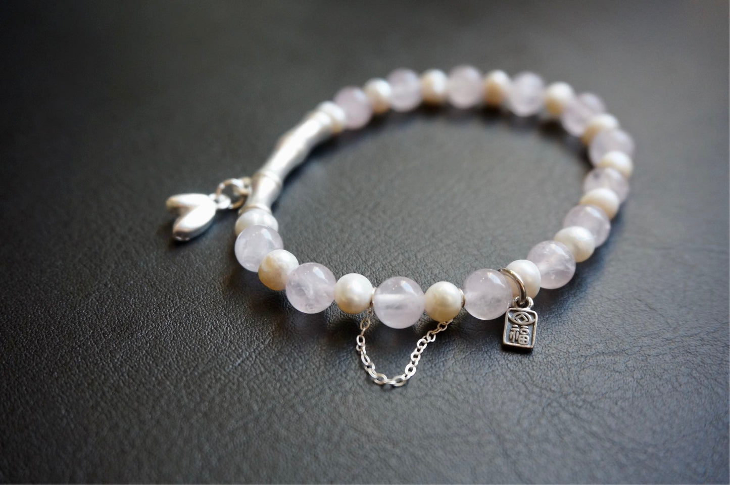 Beloved - Pearl and Natural Rosa Quartz Bracelet with fortune charm