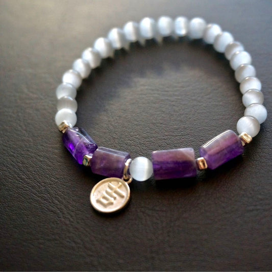 Celestial Symphony - Amethyst and Opal Cate eye bracelet with Chinese Character charm