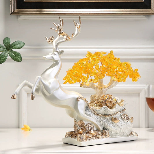 Abundance- Fengshui tree with Natural Golden Crystal and leaping Deer