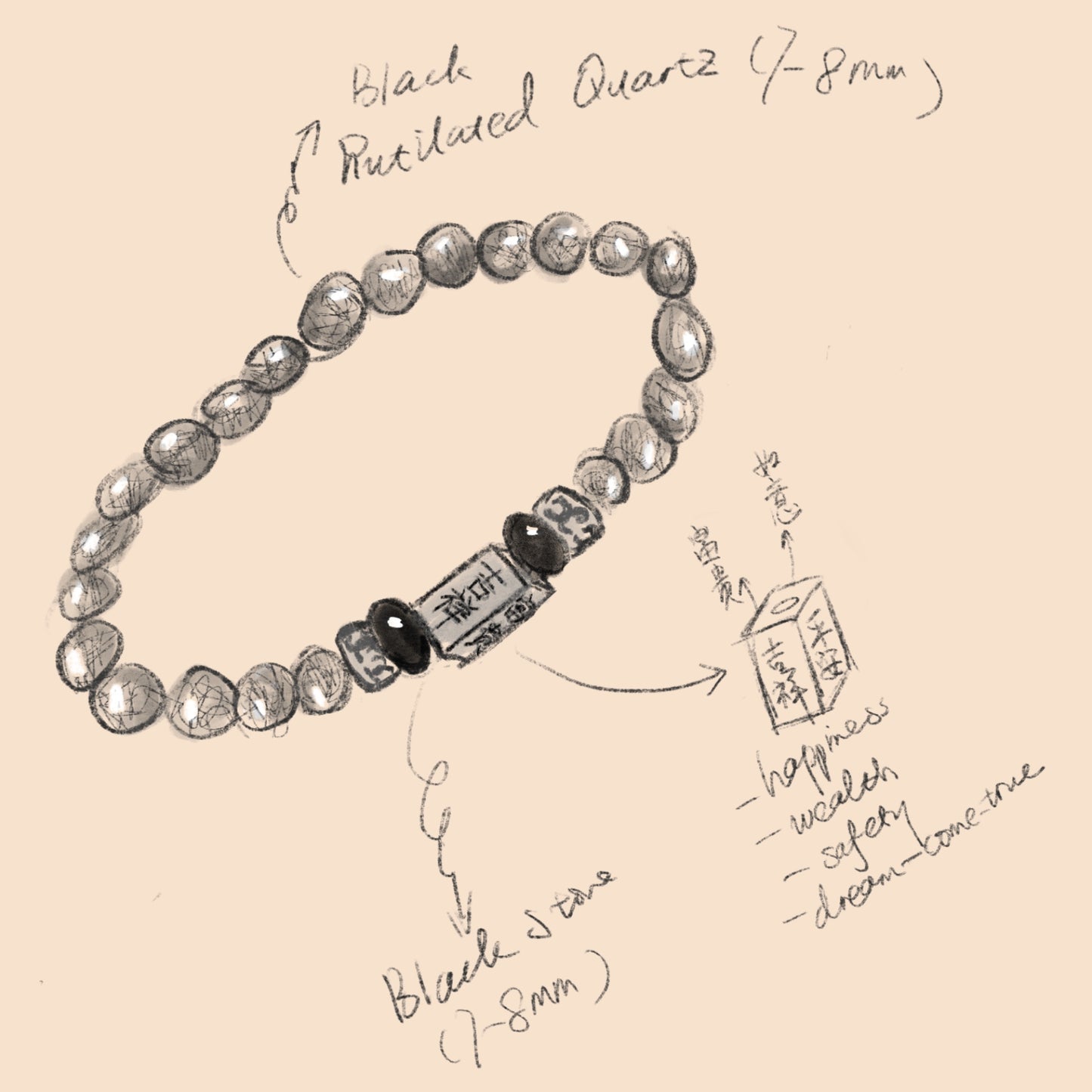 Fortune Vanguard - Natural Black Crystal with Silver Chinese Character Charm (Unisex)
